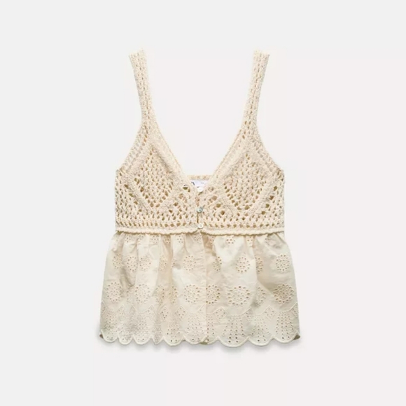 NWT ZARA BEIGE EMBROIDERED KNIT TOP - Picture 7 of 13